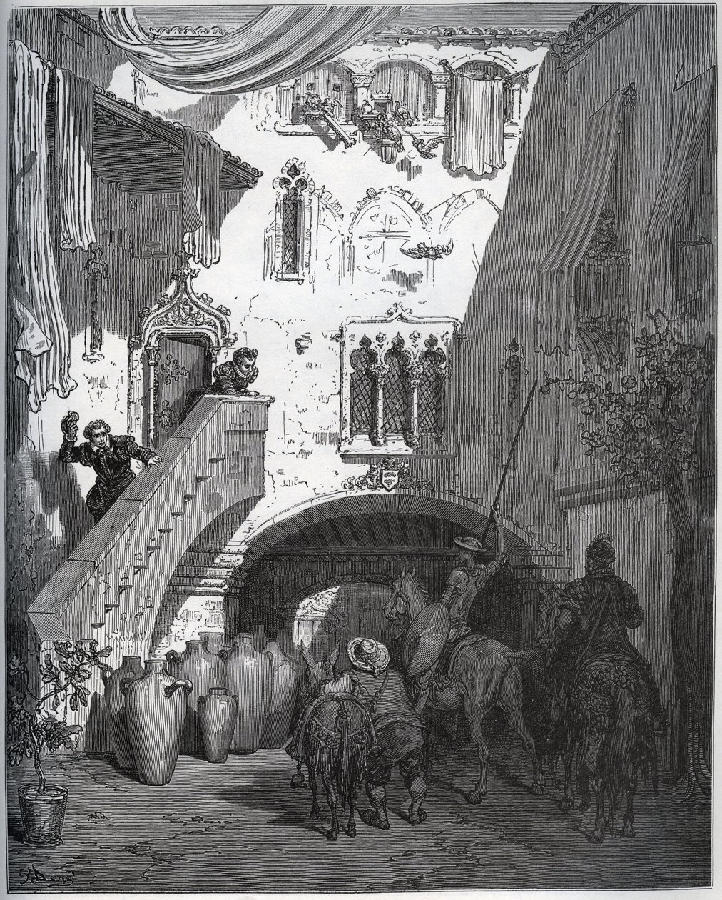 Don Quijote und Sancho Panza, eingeladen von Don Diego de Miranda zu Hause, werden von der Frau und dem Sohn des Gentlemans begrüßt - aus „Don Quijote von der Mancha“ von Miguel Cervantes (1547-1616) - Holzschnitt nach einer Zeichnung von Gustave Doré von Gustave Dore