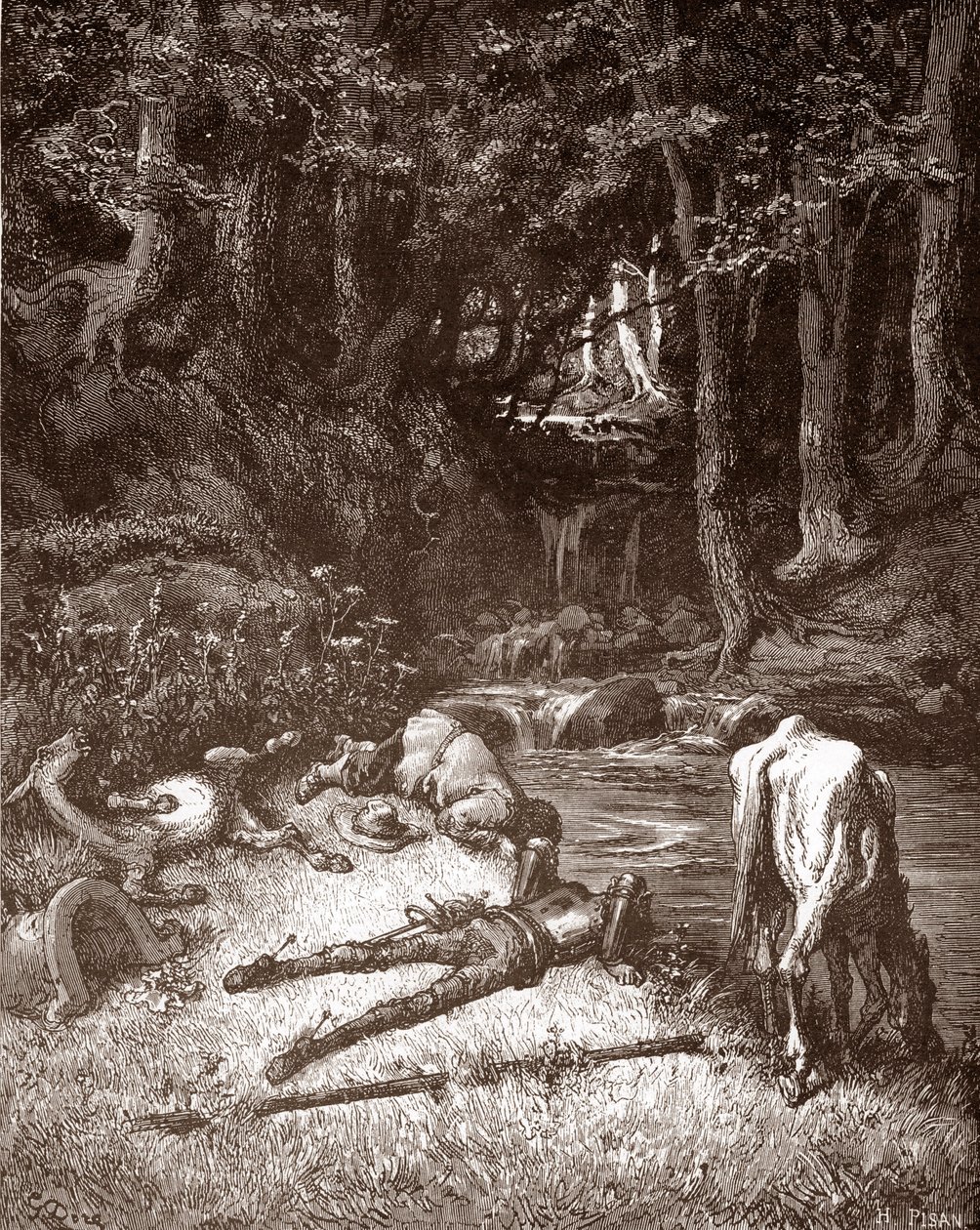 Don Quijote und Sancho Panza erfrischen sich an einem Bach, Gravur von Gustave Doré für 
