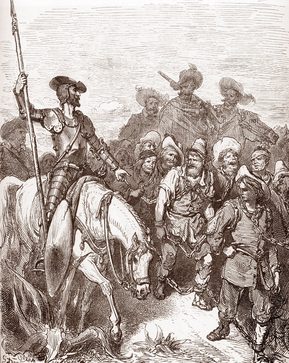 Don Quijote und Sancho Panza verhören die zu den Galeeren geführten Verbrecher. Gravur von Gustave Doré für „Der sinnreiche Junker Don Quijote von der Mancha“ von Miguel de Cervantes, 1863 von Gustave Dore