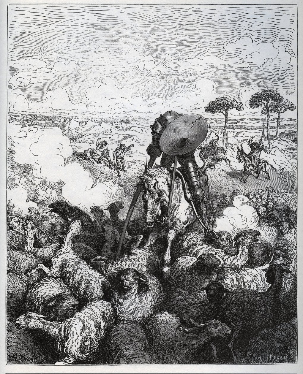Don Quixote greift eine Schafherde an, da er glaubt, es handle sich um die Armee von Alibanfaron von Taprobana - aus „Don Quixote de la Mancha“ von Miguel Cervantes (1547-1616) - Holzschnitt nach einer Zeichnung von Gustave Dore von Gustave Dore