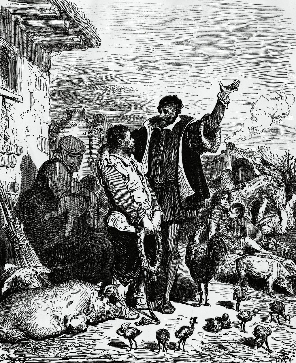 Don Quijote nimmt Sancho Panza aus seinem Haus und ernennt ihn zum Gouverneur, Illustration von Gustave Doré (1832-1883) für die Ausgabe von 1880 von Don Quijote von Miguel de Cervantes Saavedra (1547-1616) von Gustave Dore