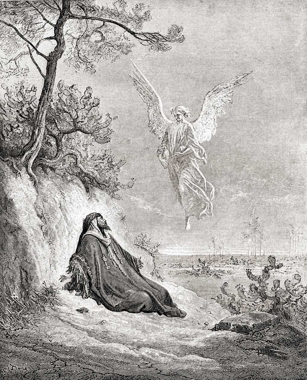 Elia wird von einem Engel genährt (nach einem Werk aus der Bibel von Gustave Doré, aus Leben und Erinnerungen von Gustave Doré, veröffentlicht 1885) von Gustave Dore