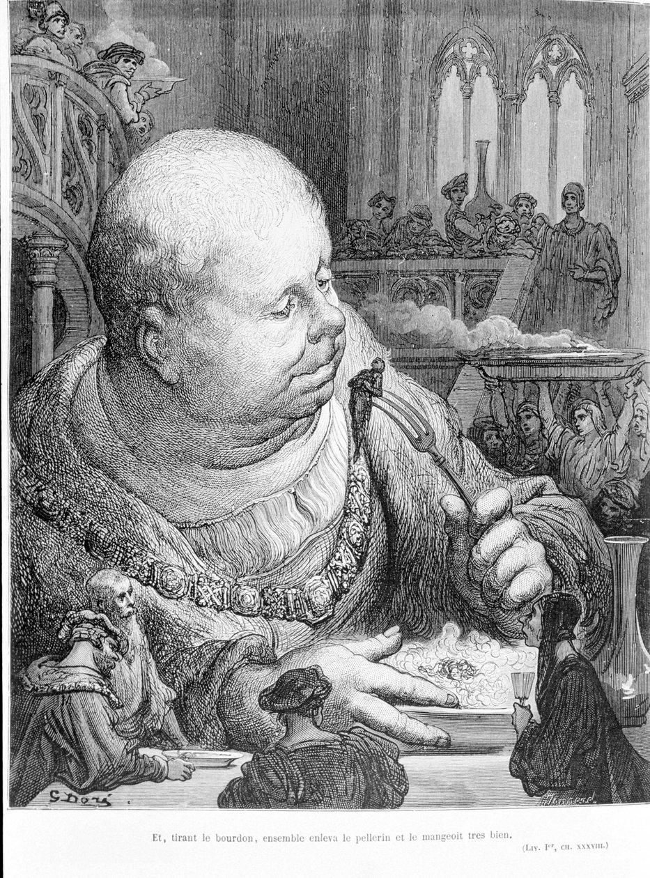Auszug aus Gargantua (1534) von François Rabelais (1483 - 1553): Und, die Hummel ziehend, entfernten sie zusammen den Pilger und aßen ihn sehr gut. Gravur von Gustave Doré (1823-1883) von Gustave Dore