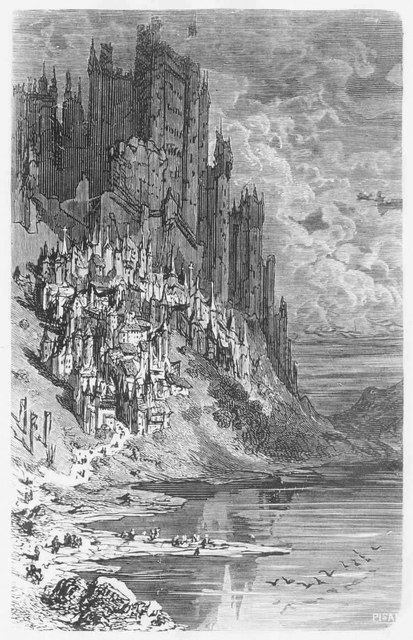 Fantasielandschaft mit Stadt und Schloss, Illustration aus 
