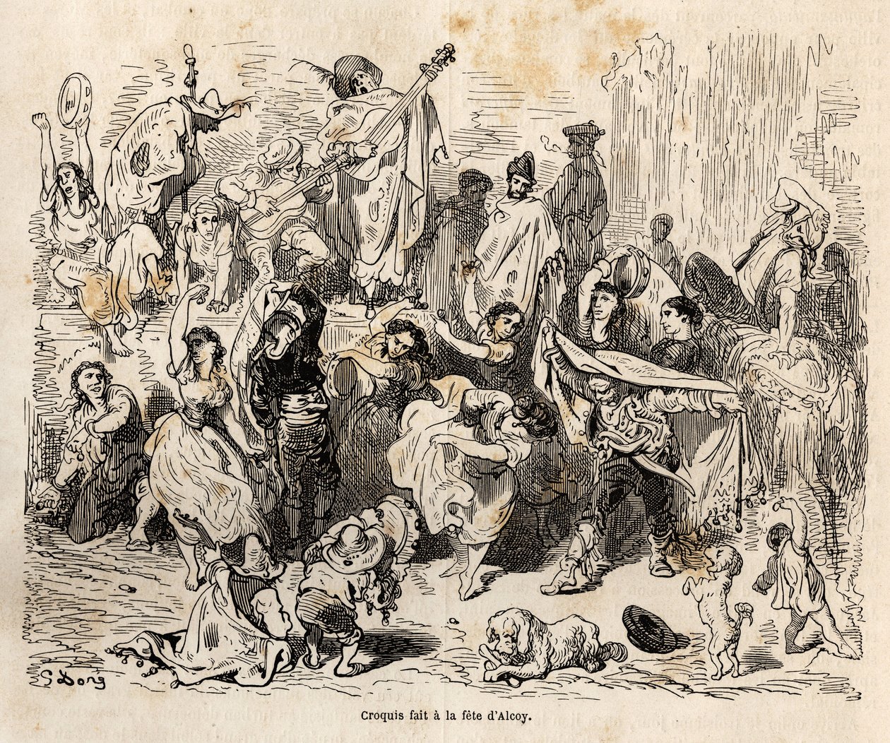 Feste des Heiligen Georg, Schutzpatron der Stadt Alcoy, Skizze von Gustave Doré (1832-1883), zur Illustration seiner Reise nach Spanien im Jahr 1862 mit Ch. Davillier. Gravur in „Le tour du monde“, herausgegeben von Edouard Charton von Gustave Dore