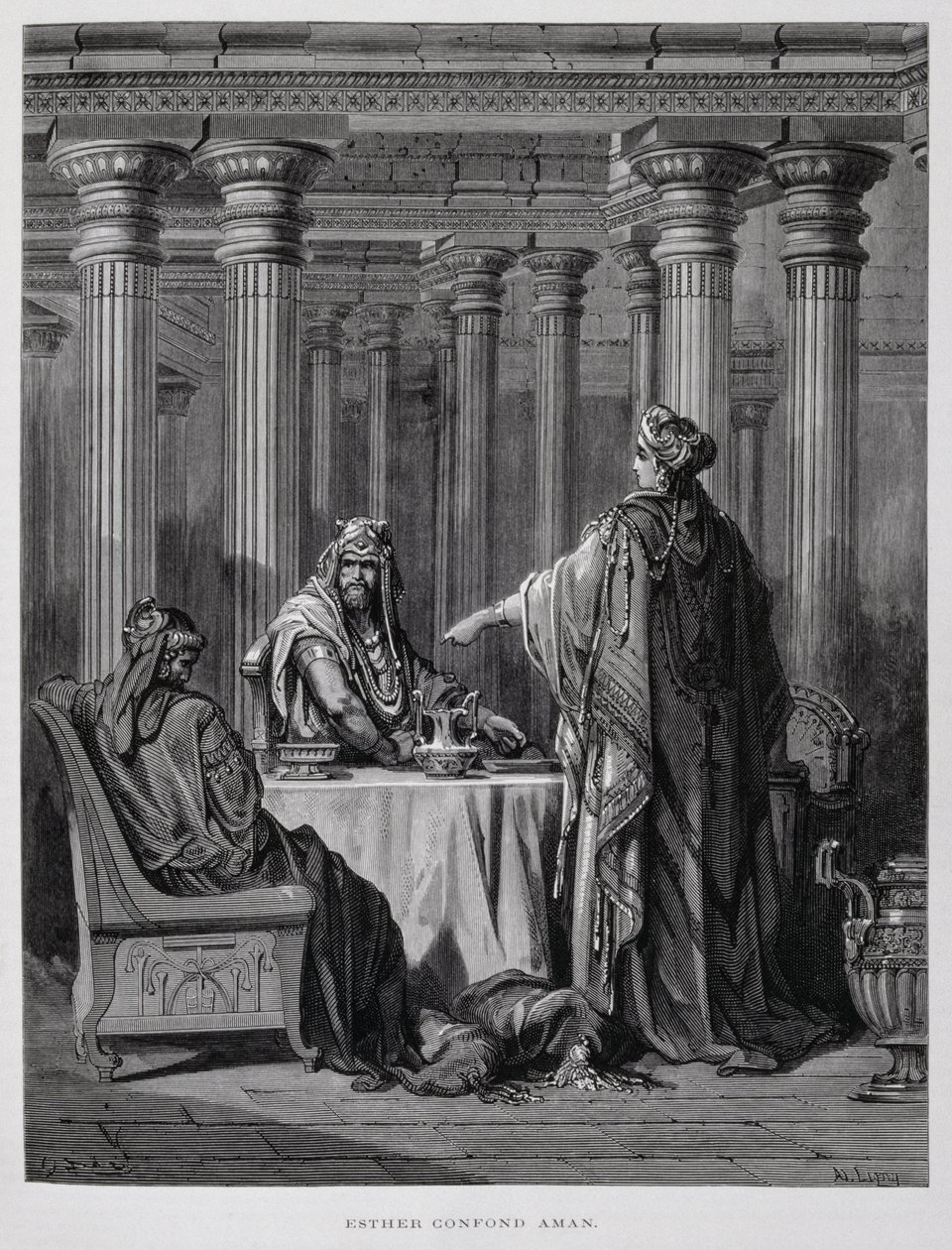 Haman wird von Königin Esther angeklagt, Illustration aus der Dore-Bibel von Gustave Dore