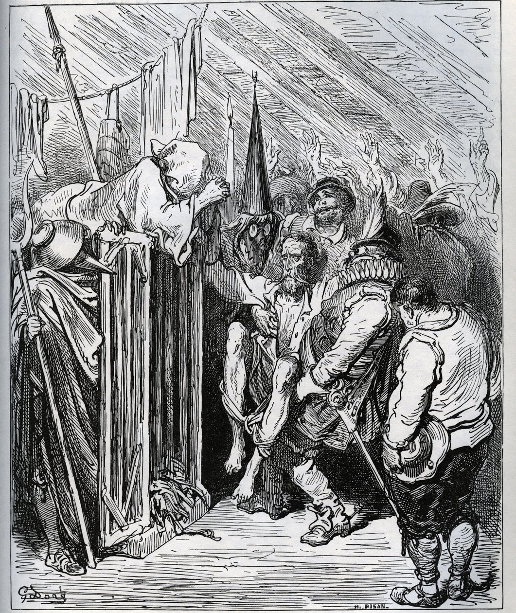 Wie man Don Quixote loswird. Die Leute des Gasthauses beschlossen, ihn einzusperren, indem sie ihn glauben ließen, es handele sich um eine neue Verzauberung und eine neue ritterliche Prüfung - aus „Don Quixote de la Mancha“ von Miguel Cervantes (1547-1616) von Gustave Dore