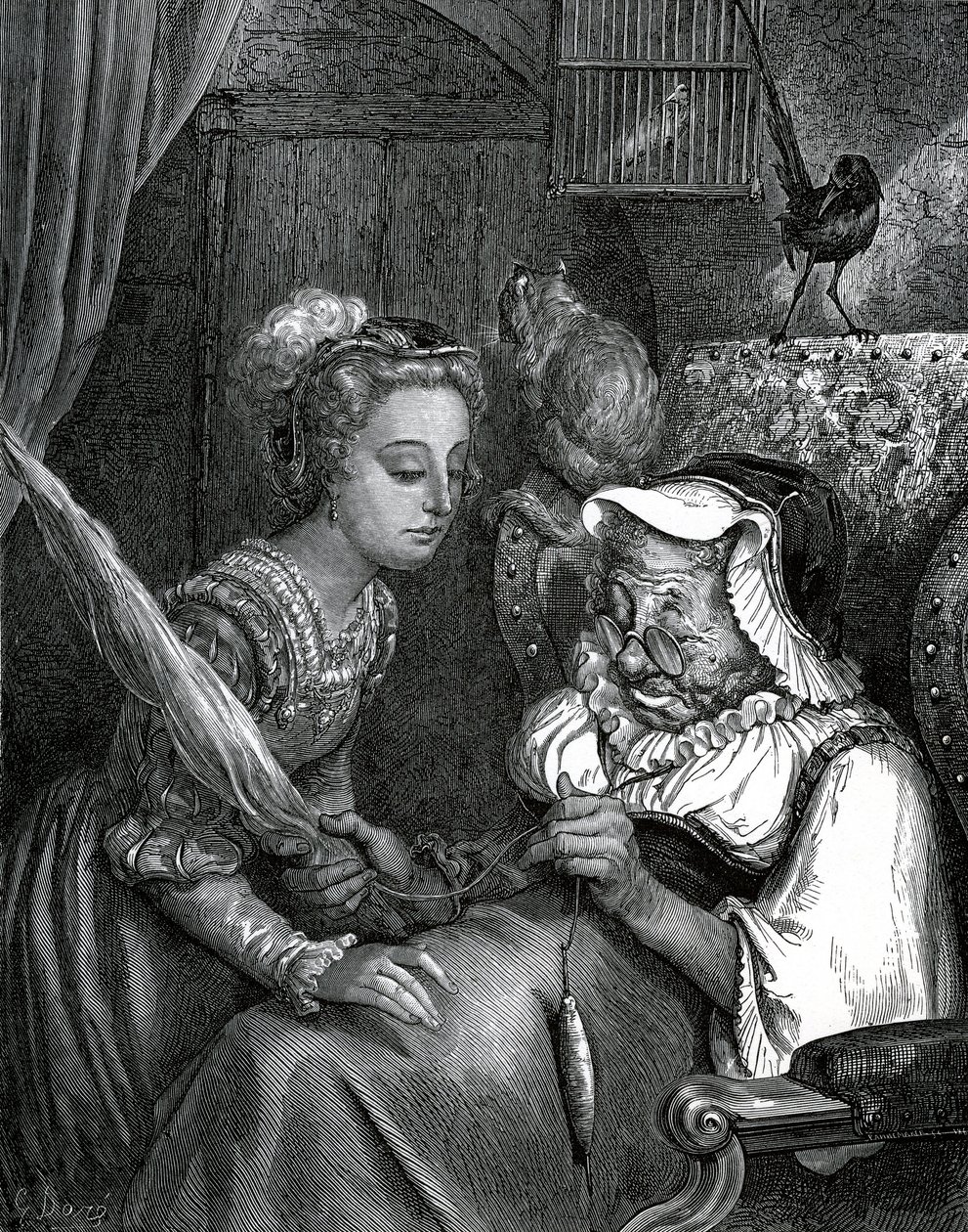 Illustration von Gustave Doré für ein Märchen von Charles Perrault: Dornröschen. Die Prinzessin wird sich an der Spindel einer alten Frau stechen. von Gustave Dore
