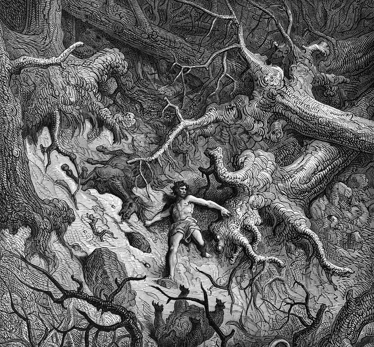 Illustration von „Der wütende Roland“ (Orlando Furioso) von Ludovico Ariosto (Arioste) (1474 - 1533): Roland, völlig wütend, zerstört den Wald und die Tiere. Ill. von Gustave Doré. Gesang 24 von Gustave Dore