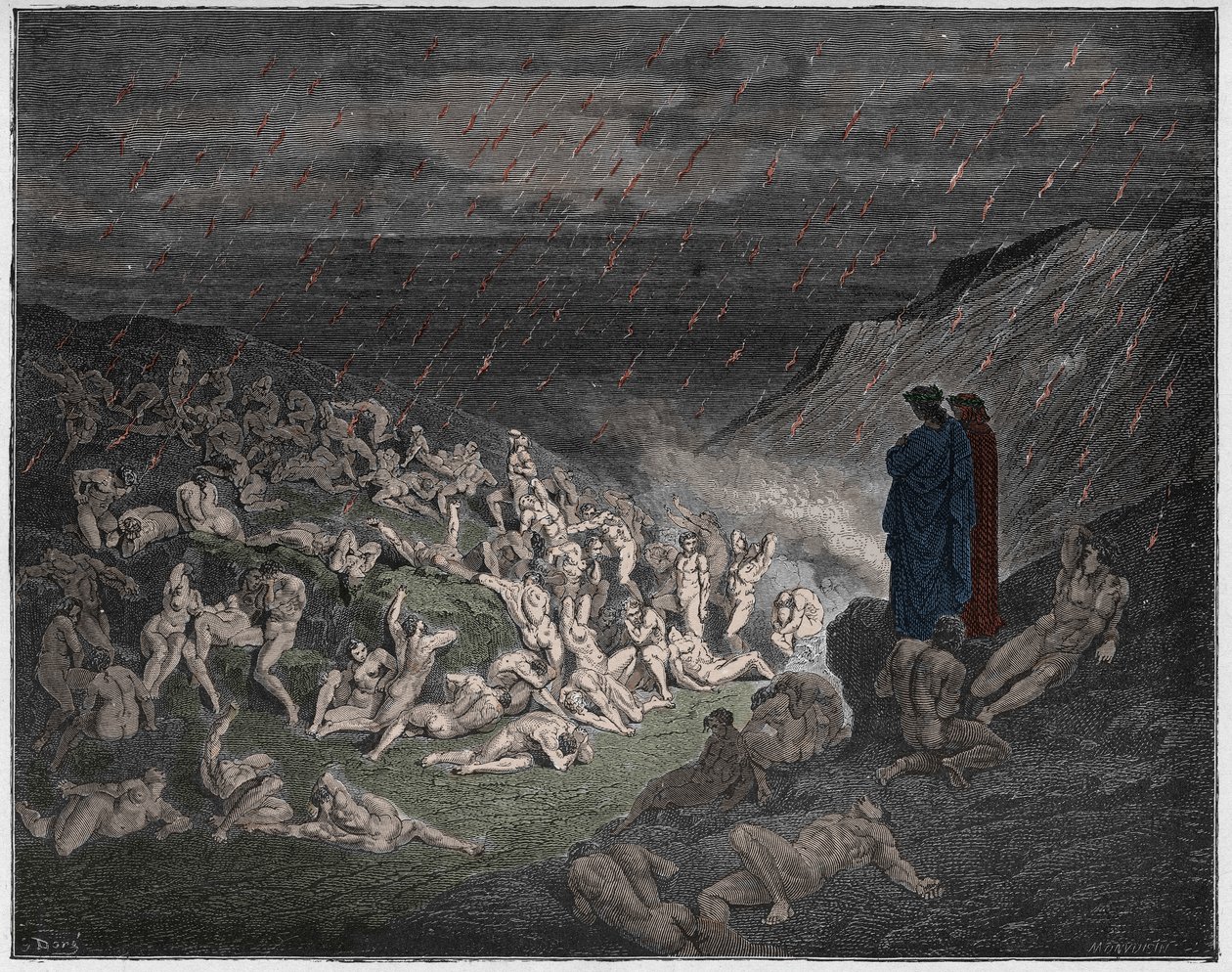 Inferno, Gesang 14: Die Gewalttätigen, gequält im Regen aus Feuer, Illustration aus 