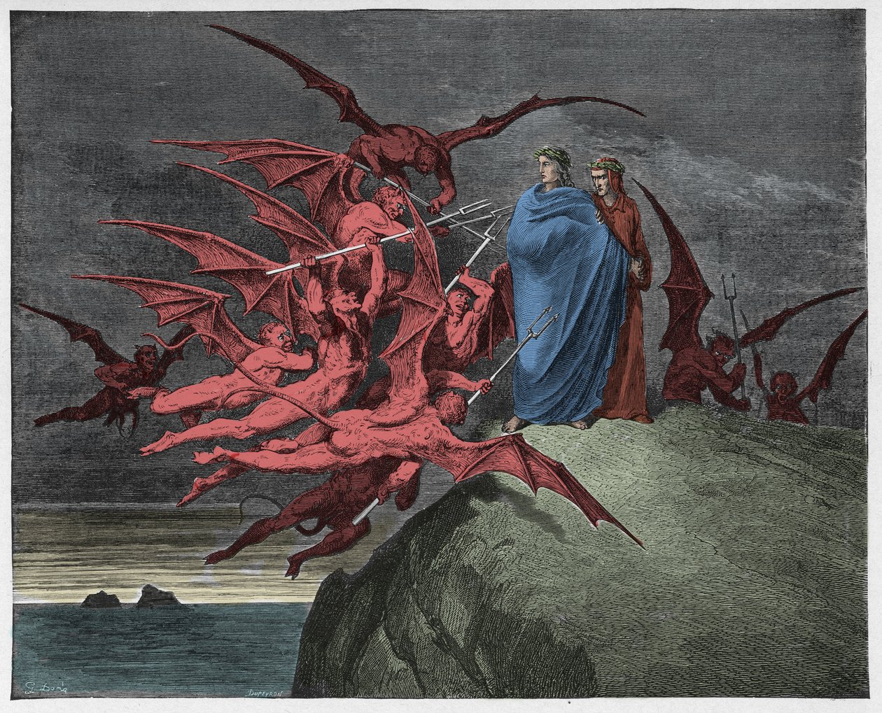 Inferno, Canto 21: Die Dämonen bedrohen Virgil, Illustration aus "Die Göttliche Komödie" von Dante Alighieri, 1885 von Gustave Dore