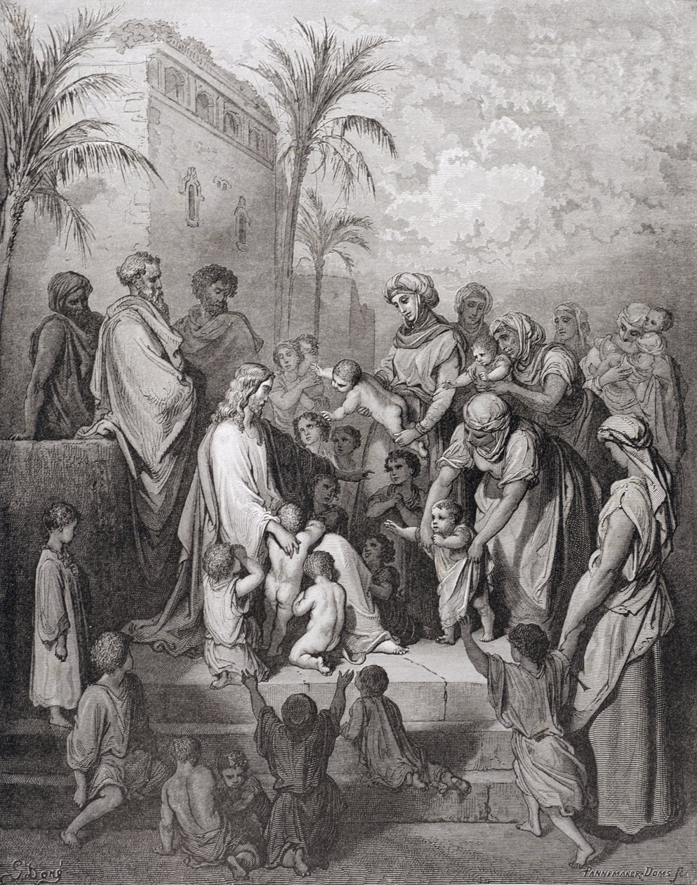 Jesus segnet die Kinder, graviert von Stephane Pannemaker, ca. 1868 von Gustave Dore