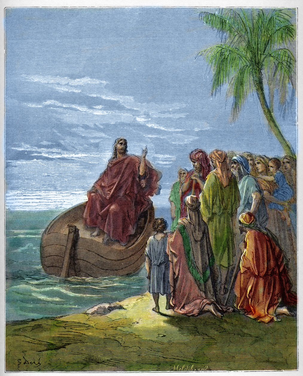 Jesus predigt am See Genezareth - Gravur in „Die illustrierte Bibel“ von Gustave Doré - Gravur aus „Die Doré-Bibel“ von Gustave Dore