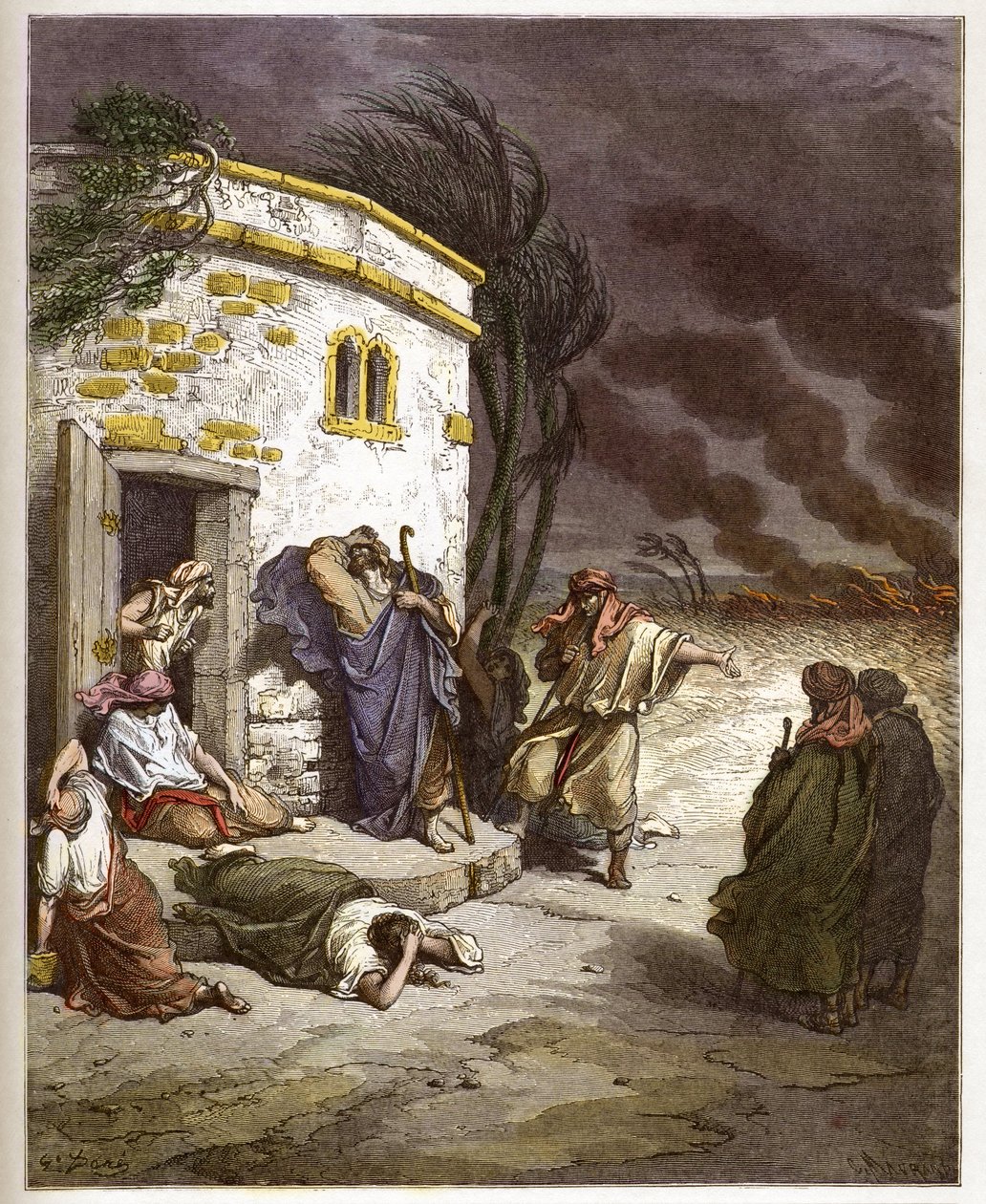Hiob erfährt von seinem Ruin - Gravur in Die illustrierte Bibel von Gustave Doré - Gravur aus Die Doré-Bibel von Gustave Dore