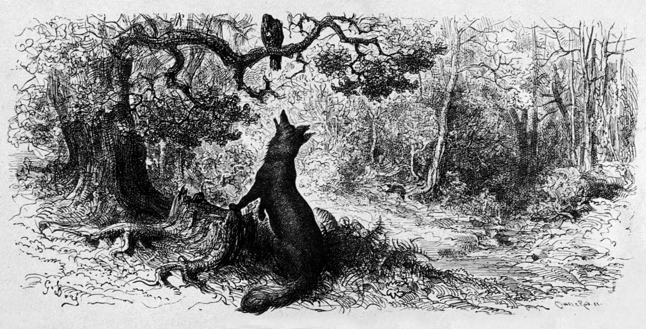 Der Rabe und der Fuchs (Gravur) von Gustave Dore