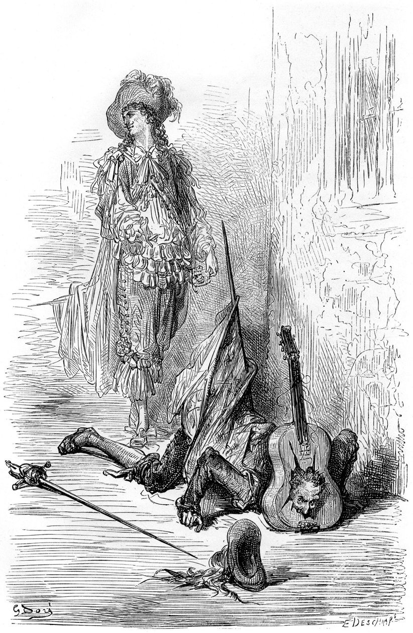 Leandre hat gerade eine Gitarre auf Matamores Kopf zerschlagen, Illustration für „Captain Fracass“ von Gustave Dore