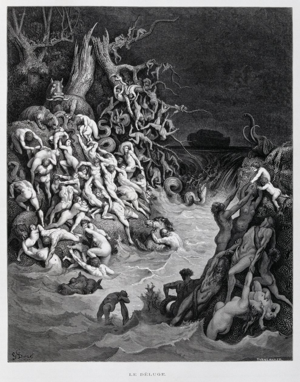 Noah und seine Arche entkommen, als die große Flut die Erde überflutet, Illustration aus der Dore-Bibel von Gustave Dore