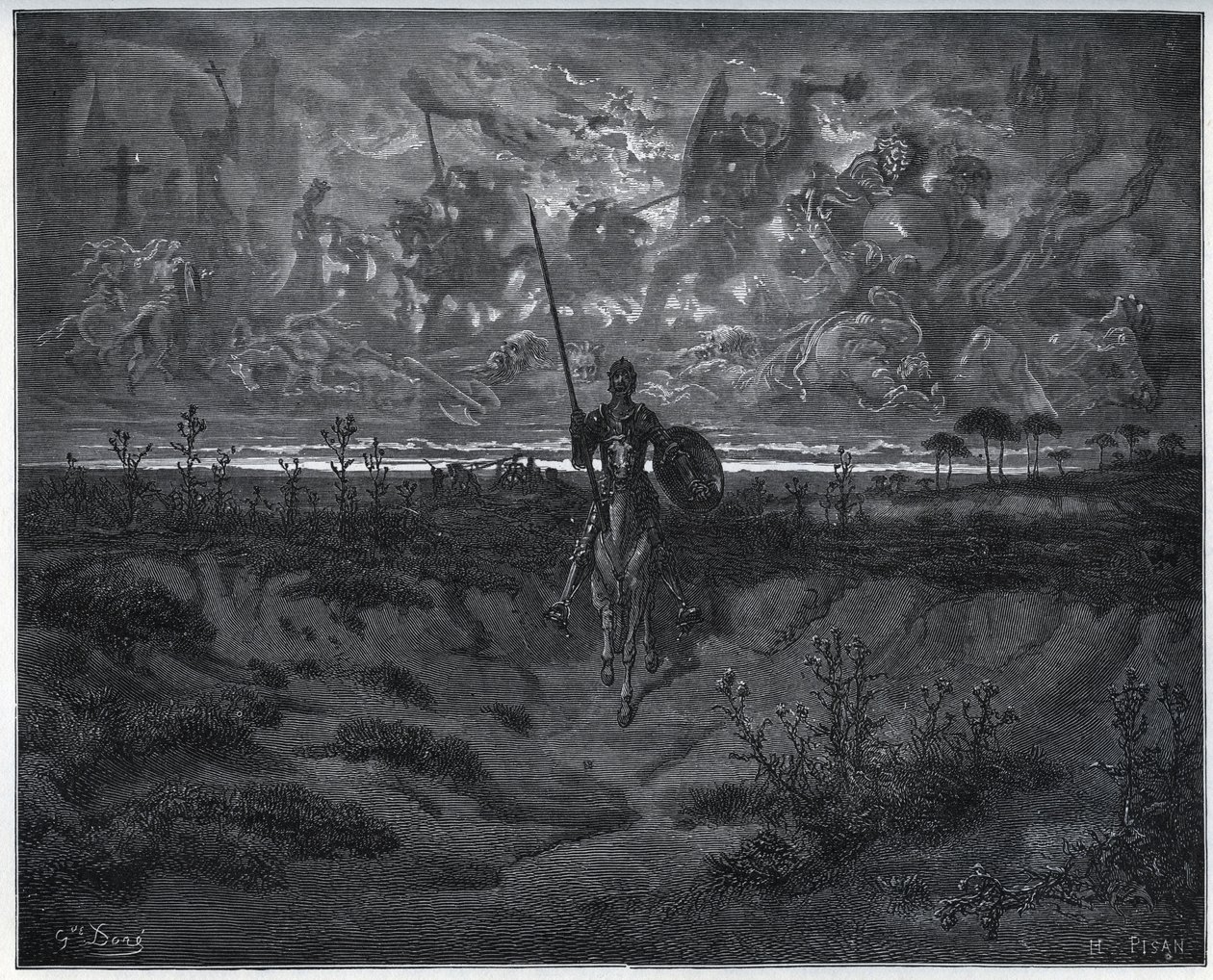 Auf dieser Reise sprach unser brandneuer Abenteurer mit sich selbst - aus "Don Quijote von der Mancha" von Miguel Cervantes von Gustave Dore