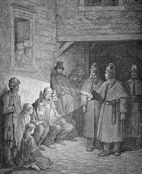 Polizisten auf Streife im Londoner Rookery, graviert von Stephane Pannemaker von Gustave Dore