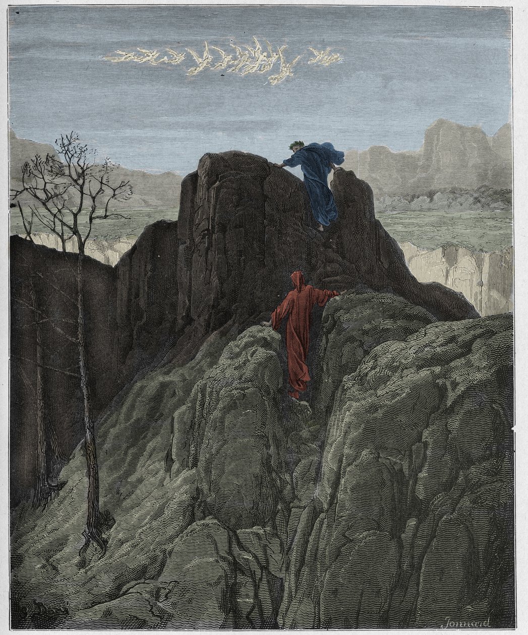 Purgatorio, Gesang 4: Virgil führt Dante den steilen Berg hinauf, Illustration aus "Die Göttliche Komödie" von Dante Alighieri, 1885 von Gustave Dore