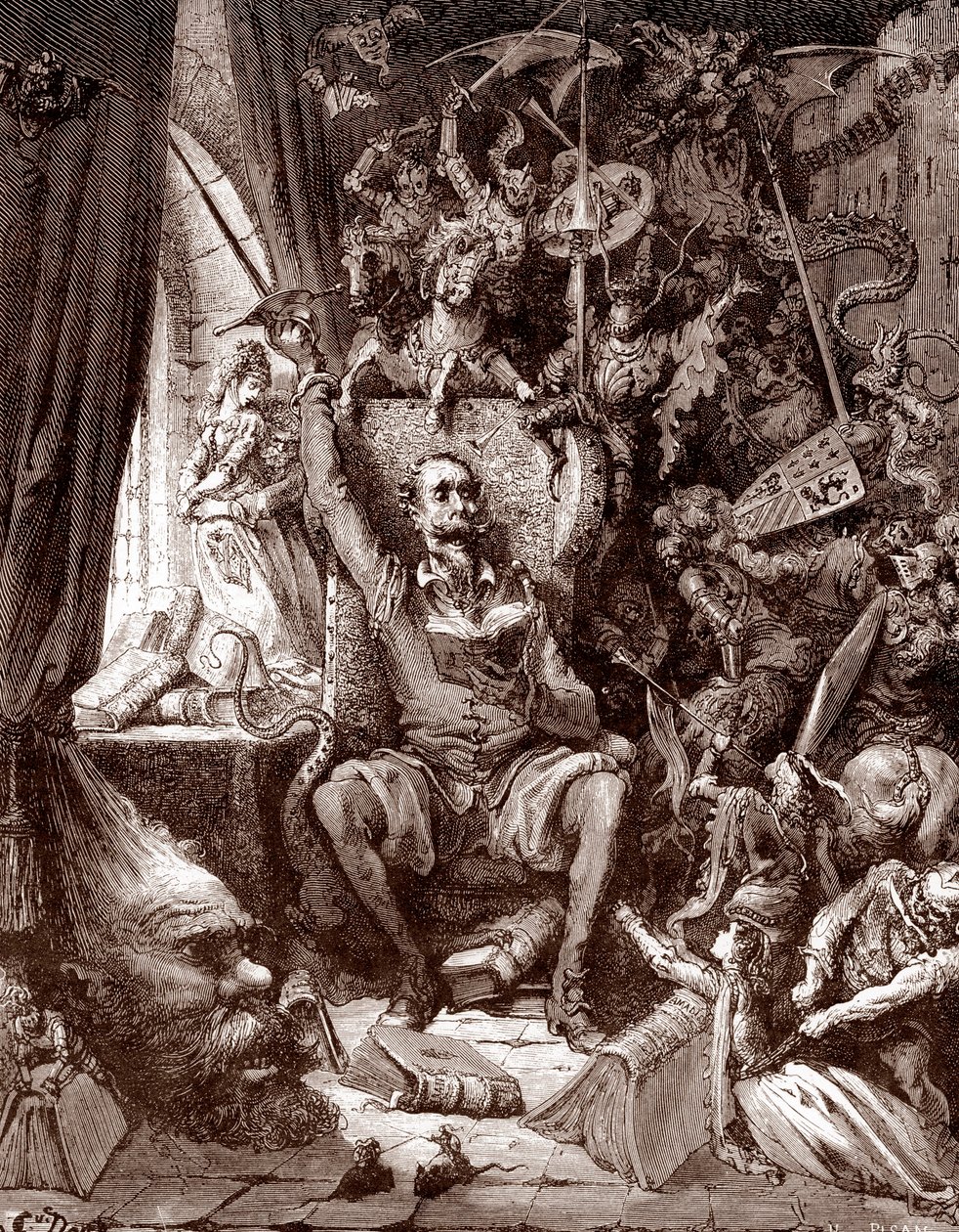 Darstellung von Don Quixote in seiner Bibliothek, umgeben von den Kreaturen seiner Bücher, Gravur von Gustave Doré (1832-1883) für „L
