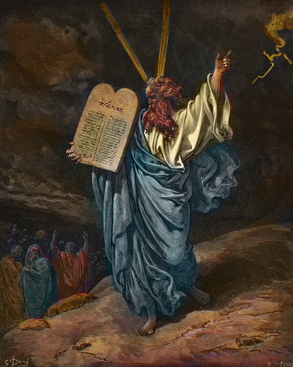 Darstellung von Moses mit den neuen Gesetzestafeln auf dem Berg Sinai - Gravur von Gustave Doré (1832-1883) - spätere Kolorierung von Gustave Dore