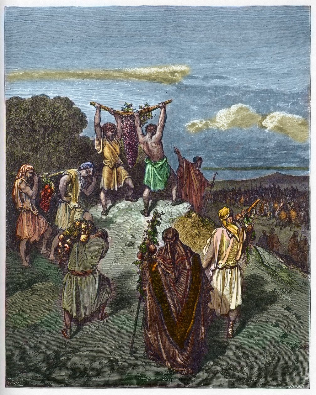 Rückkehr aus dem Land Kanaan - Die Rückkehr von Josua und Kaleb mit einer riesigen Traube aus dem Land Kanaan (Gelobtes Land) - Gravur in „Die illustrierte Bibel“ von Gustave Doré (1832-1883) - Gravur aus „Die Doré-Bibel“. von Gustave Dore