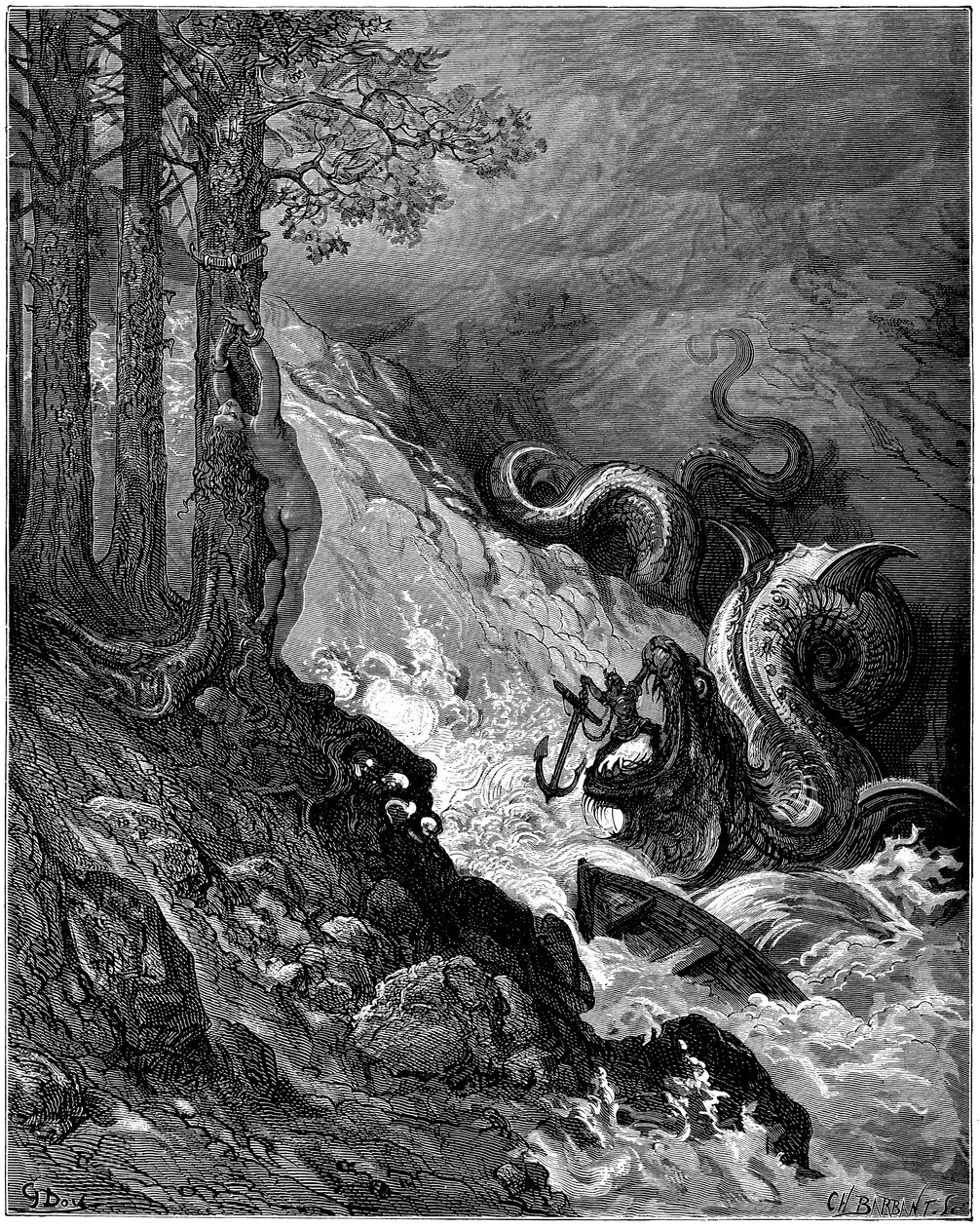 Ruggiero kämpft gegen das Meeresmonster (Drachen), das Olimpia bedroht, die nackt an einen Baum gebunden ist, blockiert seine Kiefer mit einem Anker und rettet Olimpia (Gesang 11, Strophe 37) - Stich von Gustave Doré (1832-1883), der „Der rasende Roland“ ( von Gustave Dore