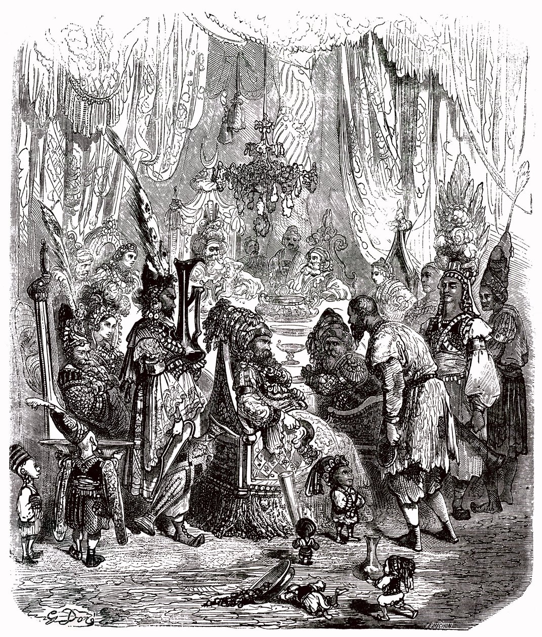 Sindbad der Seefahrer - Märchen aus Tausendundeiner Nacht - Illustration von Gustave Doré - Maxwell-Ausgabe 1865 - Prolog: Ein armer Träger (Hinbad) stellt sich vor Sindbad, der alt und reich geworden ist. Dieser erzählt ihm seine Abenteuer von Gustave Dore