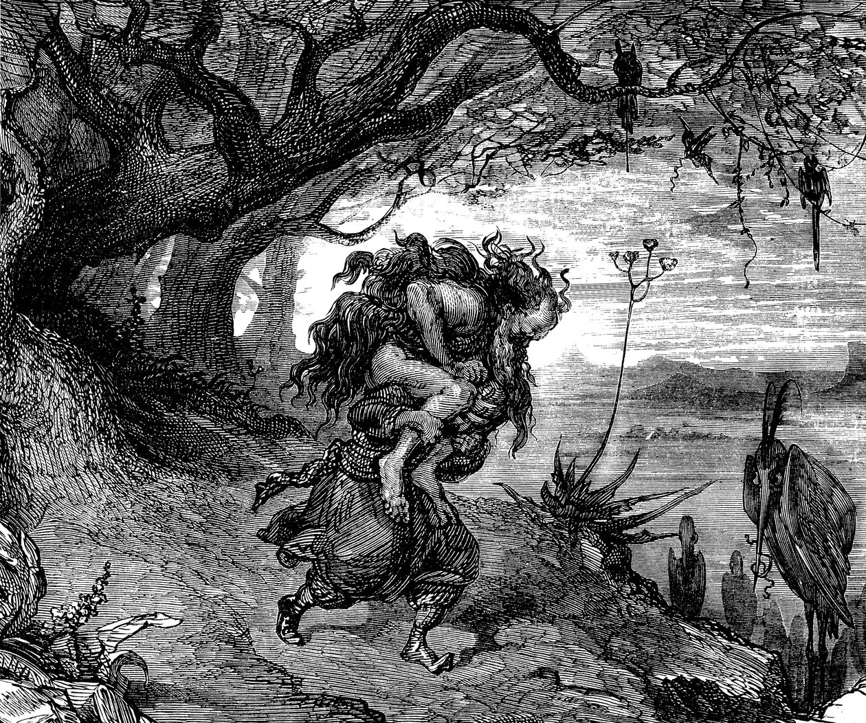 Sindbad der Seefahrer - Märchen aus Tausendundeiner Nacht - Illustration von Gustave Doré (Detail) - Maxwell-Ausgabe 1865 - Fünfte Reise: Sindbad ist gezwungen, einen alten Mann auf seiner Schulter zu tragen, der sich an ihn klammert und von dem er sich ni von Gustave Dore