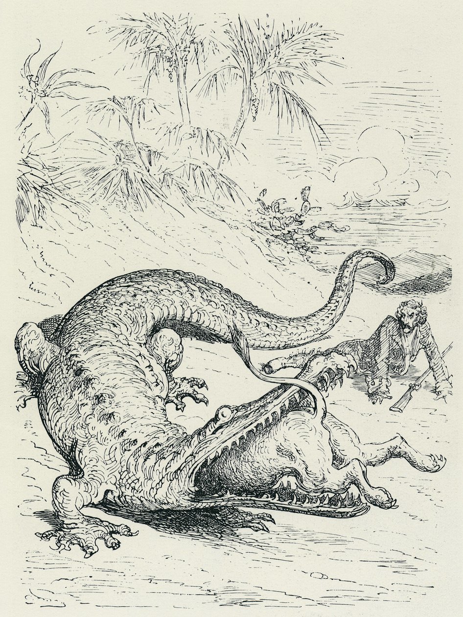 „Die Abenteuer des Baron von Münchhausen“: Der furchtlose Baron von Münchhausen, verfolgt von einem Löwen, kreuzt den Weg eines riesigen Krokodils, das den Löwen verschlingen wird. Illustration von Gustave Doré Ende des 19. Jahrhunderts von Gustave Dore