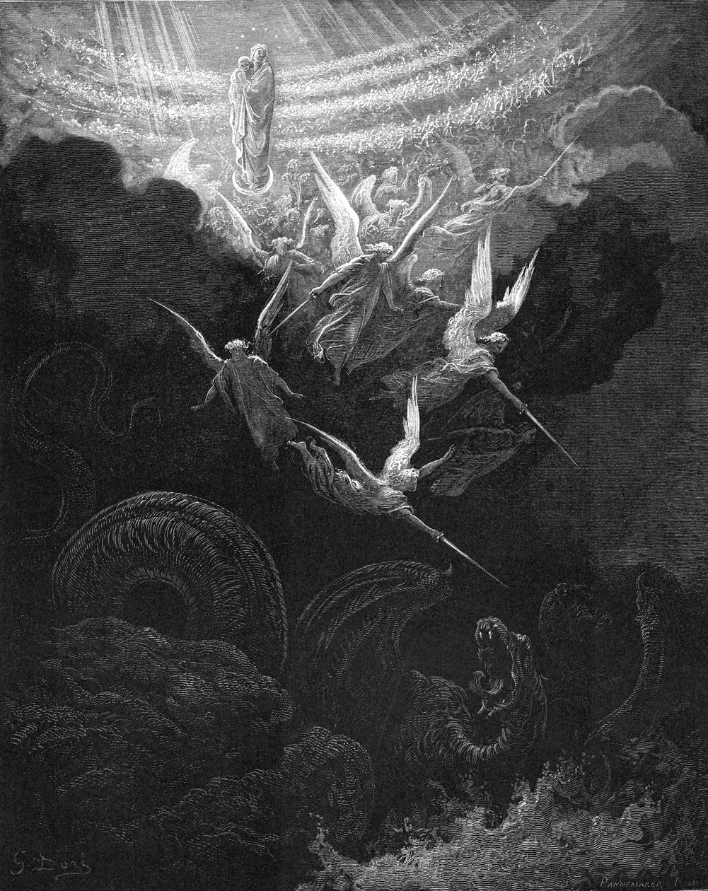 Der Erzengel Michael und seine Engel kämpfen gegen den Drachen, 1865-1866 von Gustave Dore