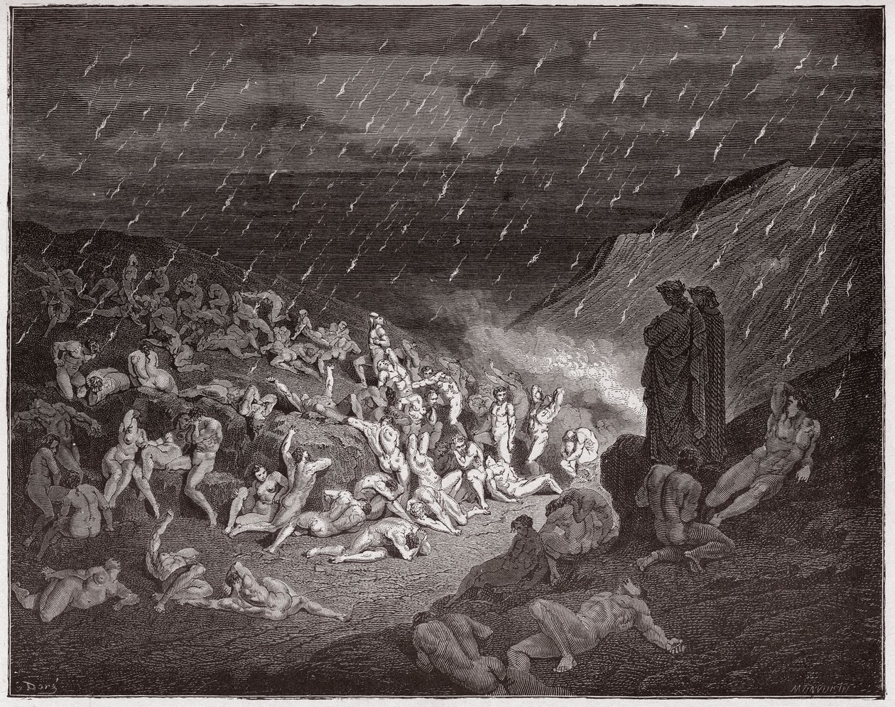 Die Göttliche Komödie (La Divina Commedia), Inferno, Gesang 14: Die Gewalttätigen, gequält im Feuerregen - von Dante Alighieri (1265-1321) - Illustration von Gustave Doré (1832-1883) von Gustave Dore