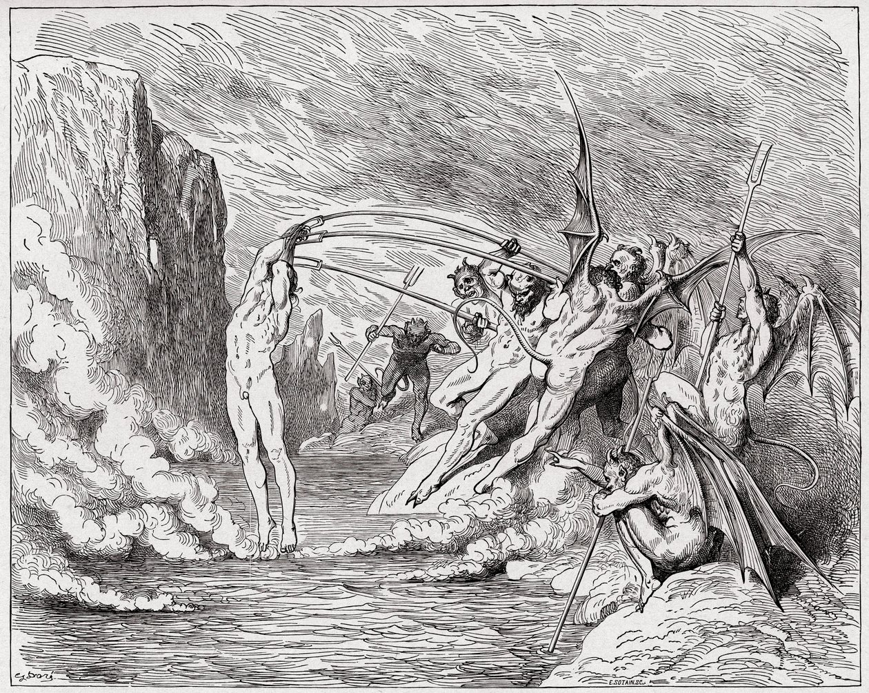 Die Göttliche Komödie, Inferno, Gesang 21: Teufel quälen die Barratoren (Illustration von Gustave Doré) von Gustave Dore