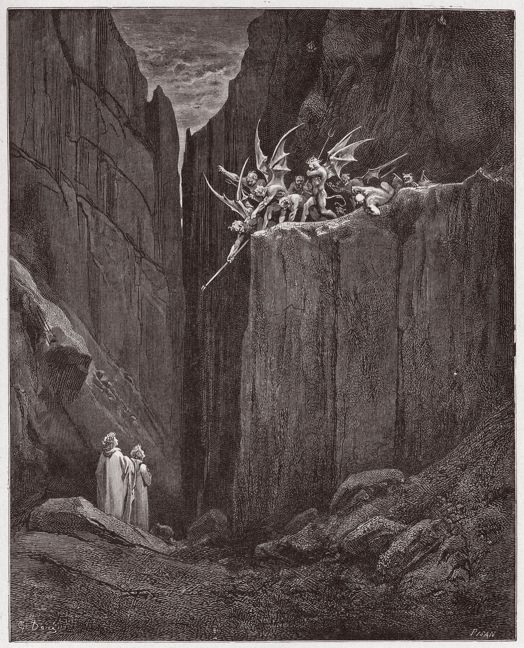 Die Göttliche Komödie, Inferno, Gesang 23: Die Dichter entkommen den Dämonen der fünften Bolgia (Illustration von Gustave Doré) von Gustave Dore