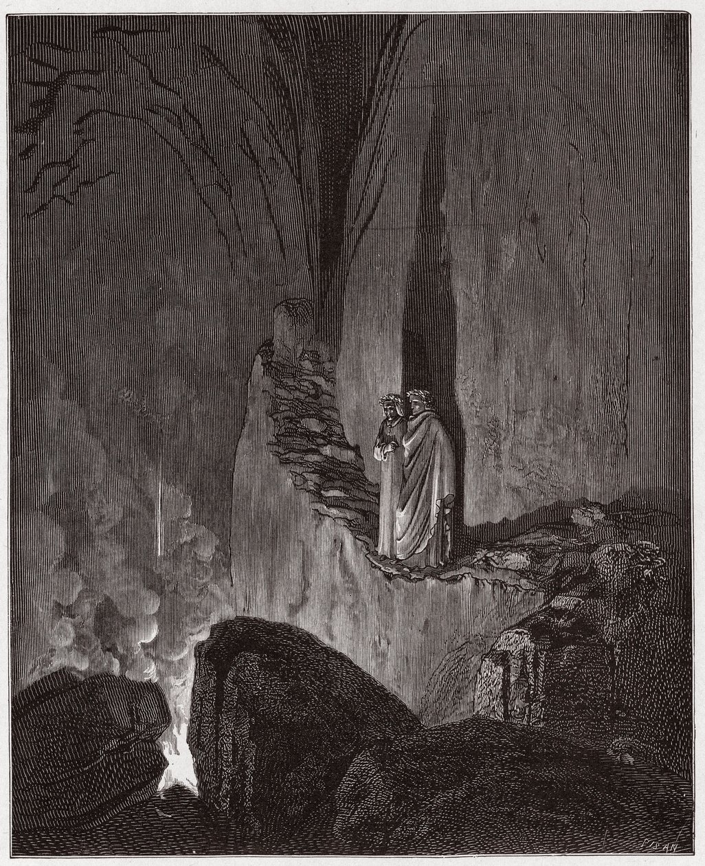 Die Göttliche Komödie, Inferno, Gesang 26: Die flammenden Geister von Odysseus und Diomedes - von Dante Alighieri (1265-1321) - Illustration von Gustave Doré (1832-1883) von Gustave Dore