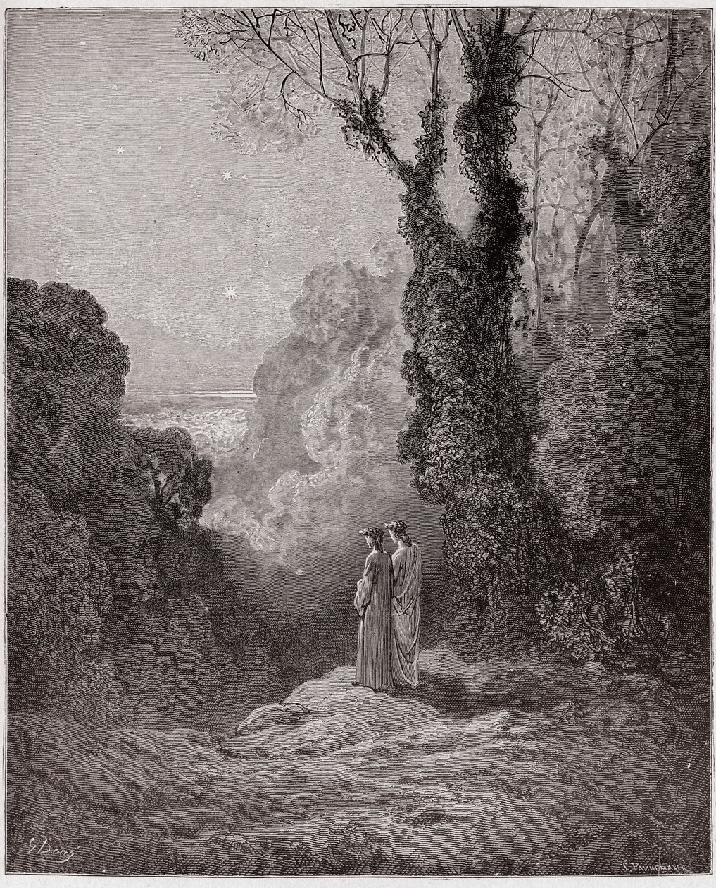 Die Göttliche Komödie, Purgatorio, Gesang 1: Die Dichter erblicken die Schönheit der Venus am Morgenhimmel (Illustration von Gustave Doré) von Gustave Dore