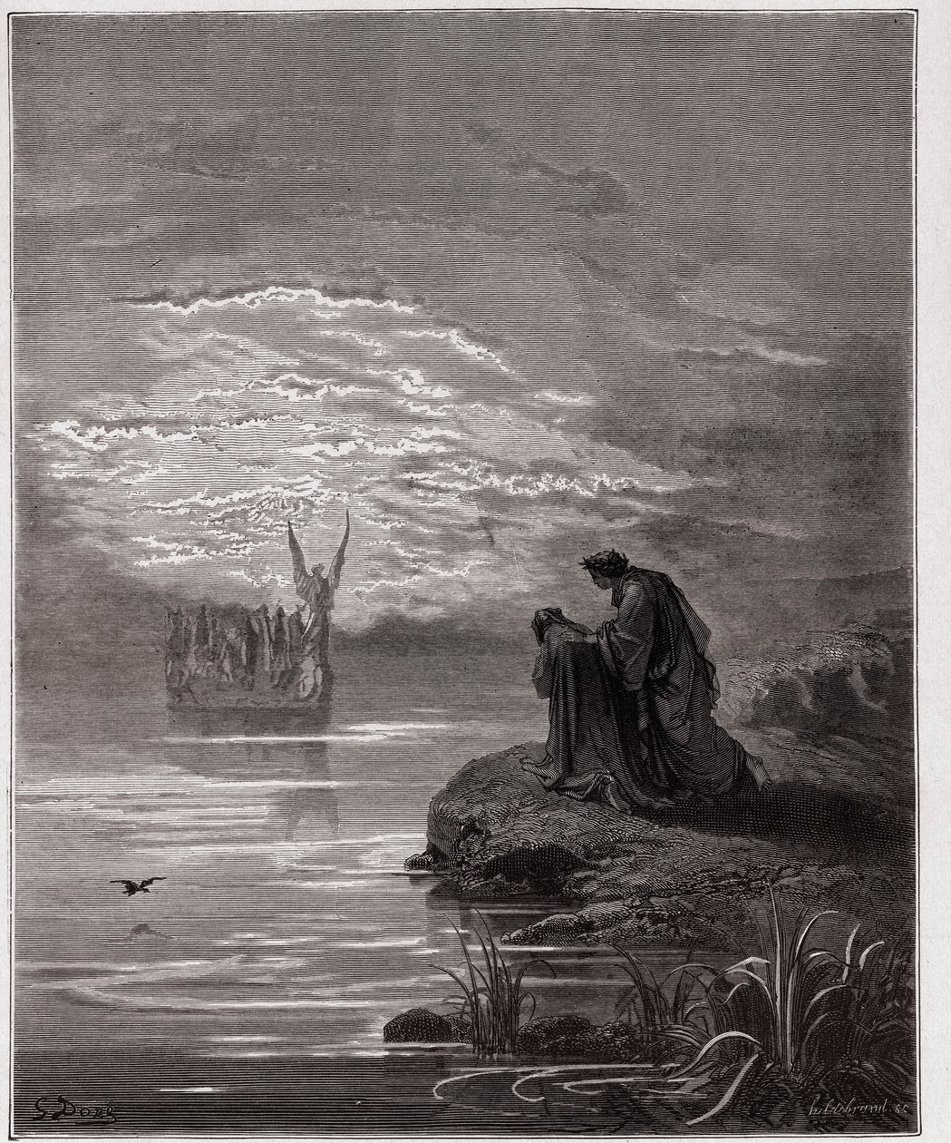 Die Göttliche Komödie, Purgatorio, Gesang 2: Dante verneigt sich vor dem Engelspiloten (Illustration von Gustave Doré) von Gustave Dore