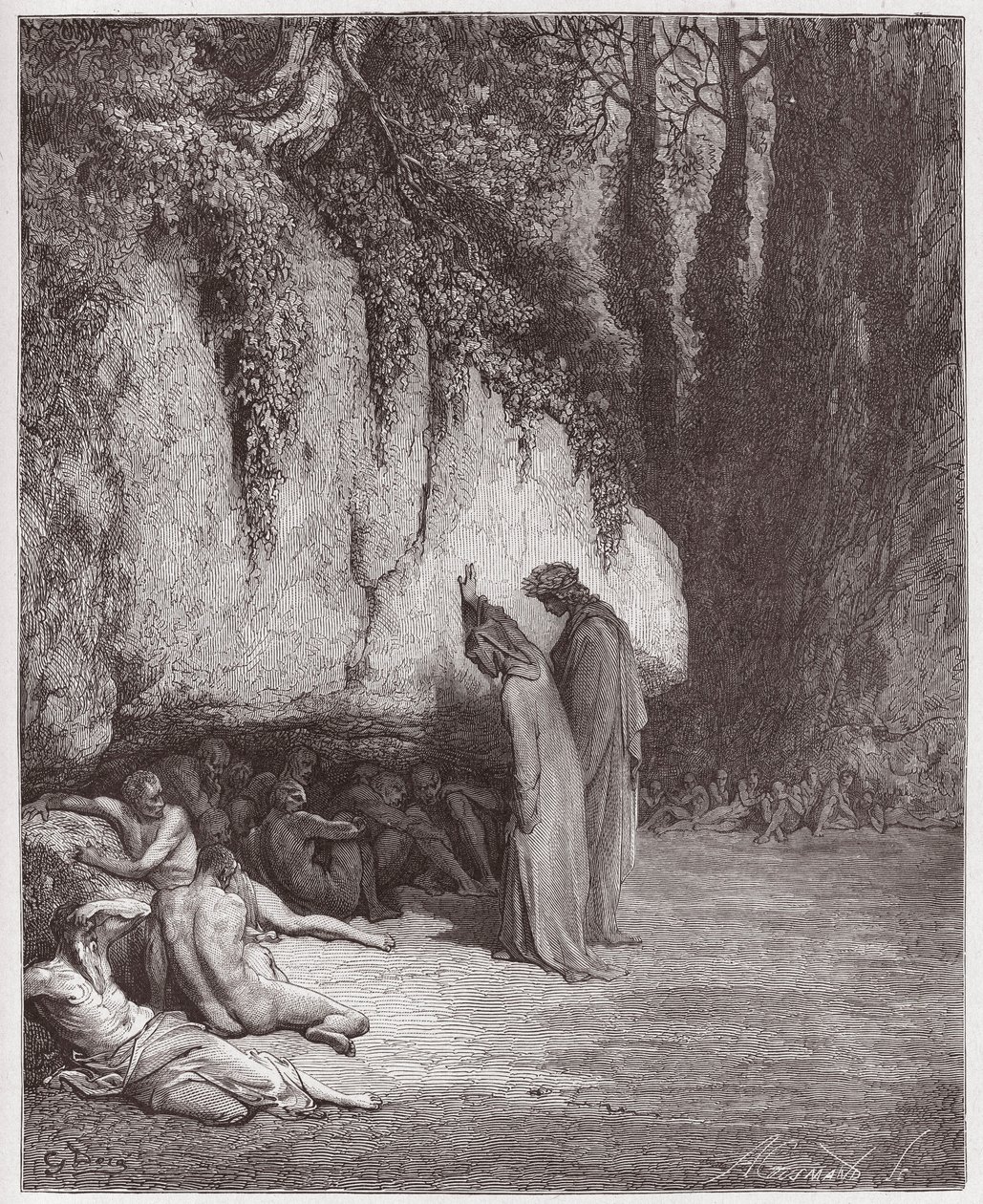 Die Göttliche Komödie, Purgatorio, Gesang 4: Die trägen Seelen neben dem Felsen (Illustration von Gustave Doré) von Gustave Dore