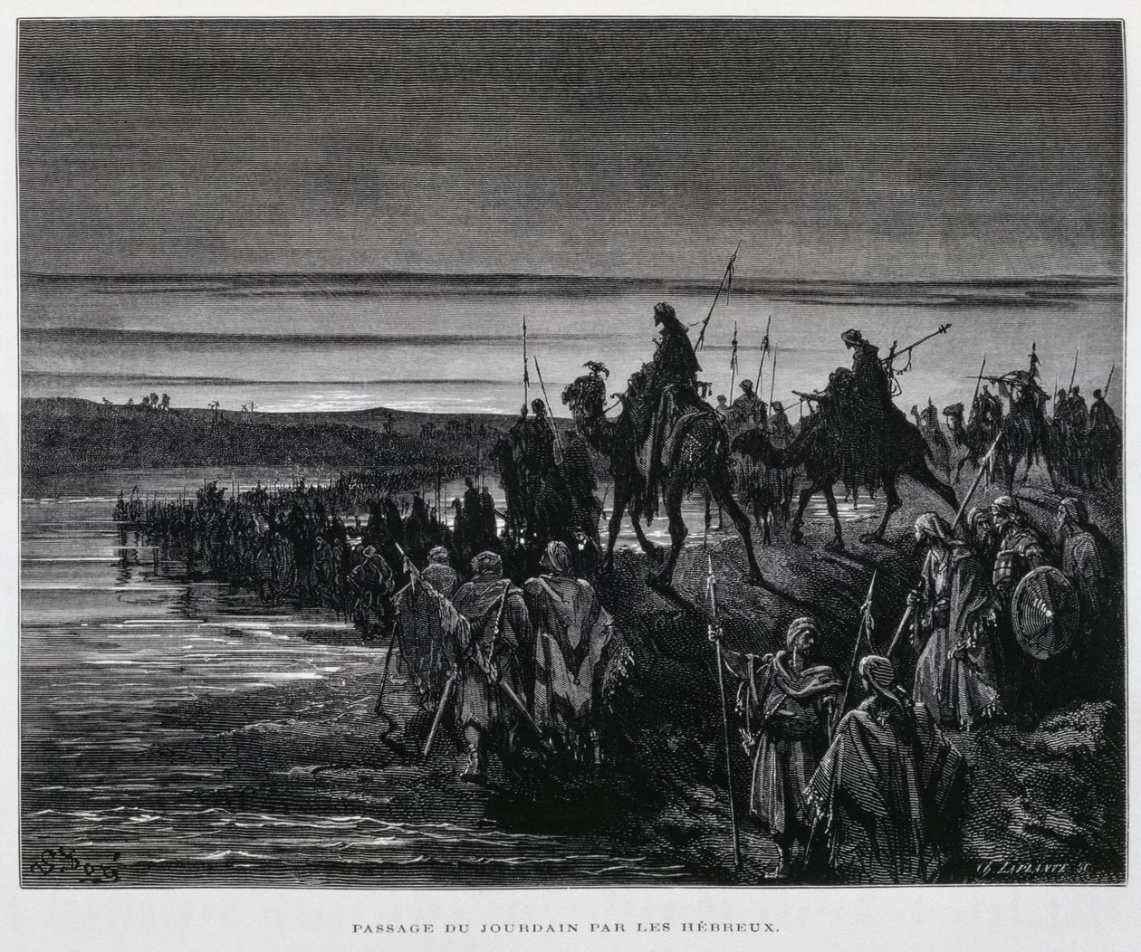Die hebräischen Stämme betreten Kanaan über den Jordan, Illustration aus der Dore-Bibel von Gustave Dore