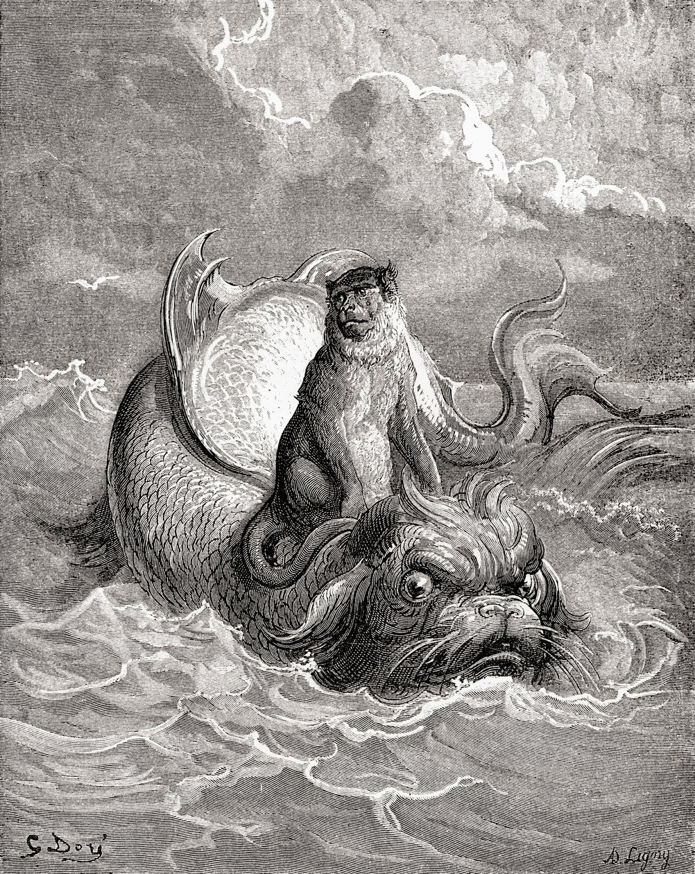 Der Affe und der Delphin nach einem Werk von Gustave Doré für eine La Fontaine-Fabel. Aus Leben und Erinnerungen von Gustave Doré, veröffentlicht 1885. von Gustave Dore
