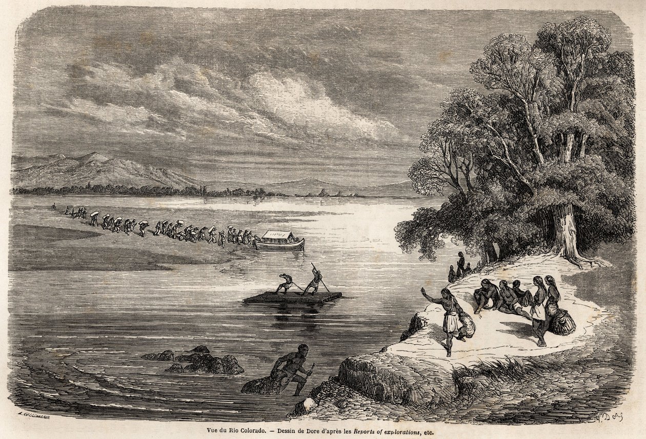 Die Überquerung des Colorado River auf einem Floß, begleitet von einigen Mohave-Indianern, Zeichnung von Gustave Doré (1832-1883), zur Illustration der Reise vom Mississippi zum Pazifischen Ozean in den Jahren 1853-54 von Baudouin Mollhausen (1825-1905). G von Gustave Dore