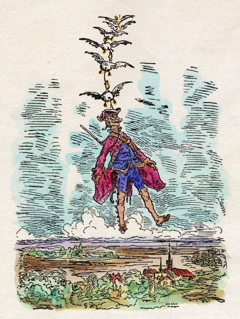 Die Enten heben den Baron von Münchhausen in die Luft. Illustration von Gustave Doré (1832-1883) für "Die wunderbaren Land- und Seeabenteuer des Barons von Münchhausen" von Rudolf Erich Raspe (1737-1794) von Gustave Dore