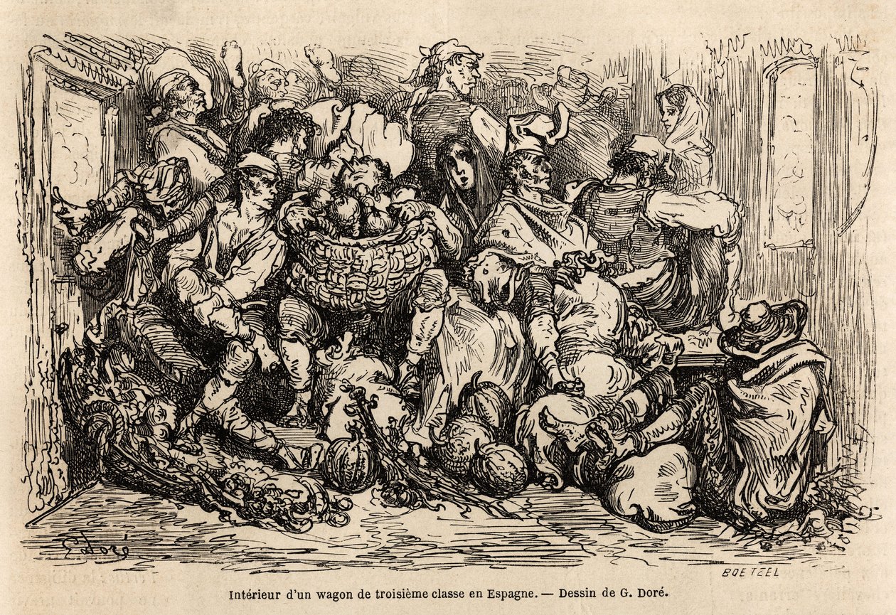Das Innere eines Waggons dritter Klasse in Spanien, Zeichnung von Gustave Doré, zur Illustration seiner Reise nach Spanien mit C. Davillier im Jahr 1862. Gravur in „Le tour du monde“, herausgegeben von Edouard Charton von Gustave Dore