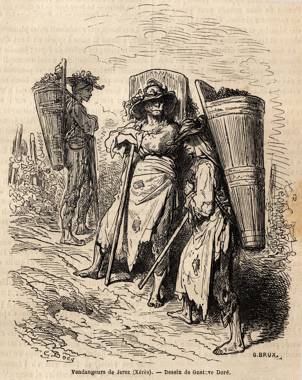 Die Pflücker von Xeres. Zeichnung von Gustave Dore (1832-1883) zur Illustration seiner Reise nach Spanien im Jahr 1862 mit Ch. Davillier. Gravur in 