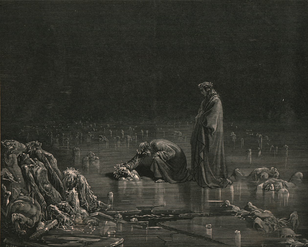 Dann packte ich seine hintere Kopfhaut und rief: Nenne dich, oder kein Haar bleibt hier, ca. 1890 von Gustave Dore