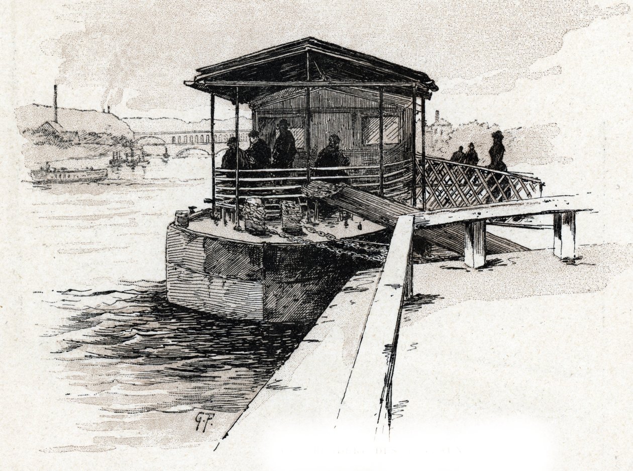 Embarcadère des Bateaux-Mouches (Bateaux-Mouches) auf der Seine, Paris. Zeichnung von Gustave Fraipont (1849-1923) aus Saint-Juirs
