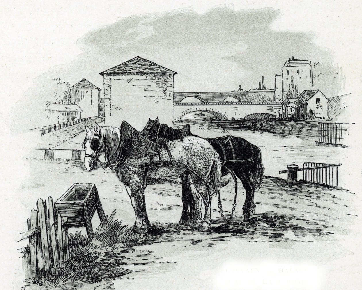 Zugpferde, Quai de la Gironde, Villette (Zugpferde für die Boote des Canal Saint-Denis, Quai de la Gironde, Villette Paris) Zeichnung von Gustave Fraipont (1849-1923) aus Saint-Juirs von Gustave Fraipont
