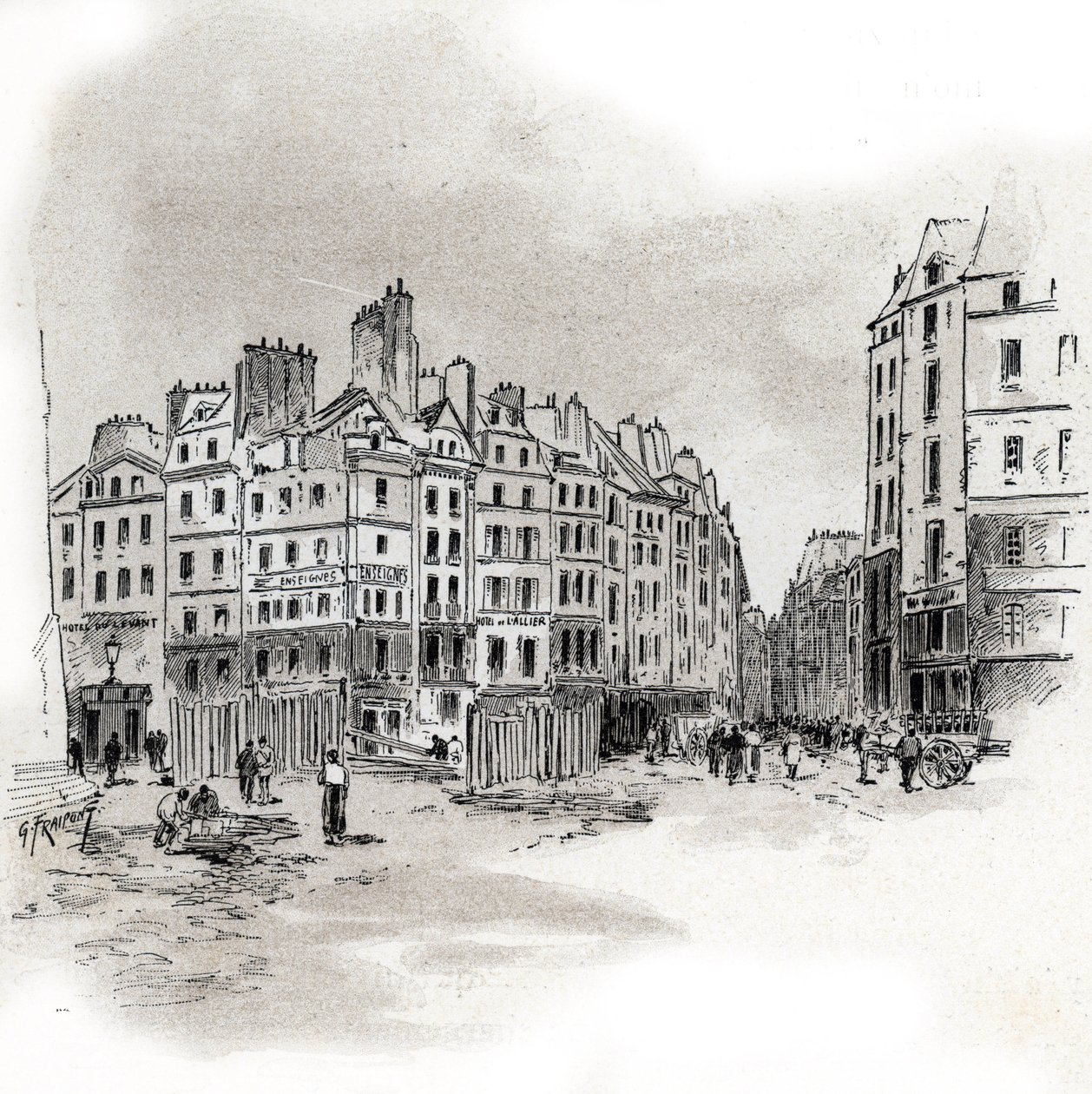 Ansicht des Place Maubert, Paris Zeichnung von Gustave Fraipont (1849-1923) aus „La Seine à travers Paris“ von Saint-Juirs von Gustave Fraipont