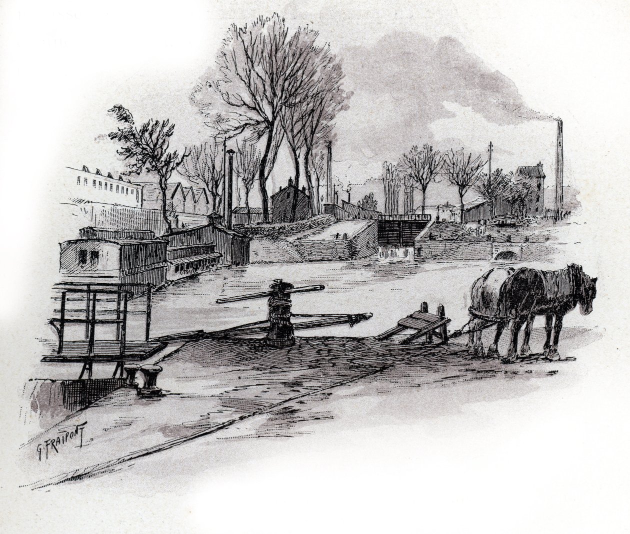 Ansicht des Canal Saint-Denis und Quai de la Gironde in La Villette, Paris Zeichnung von Gustave Fraipont (1849-1923) aus Saint-Juirs von Gustave Fraipont